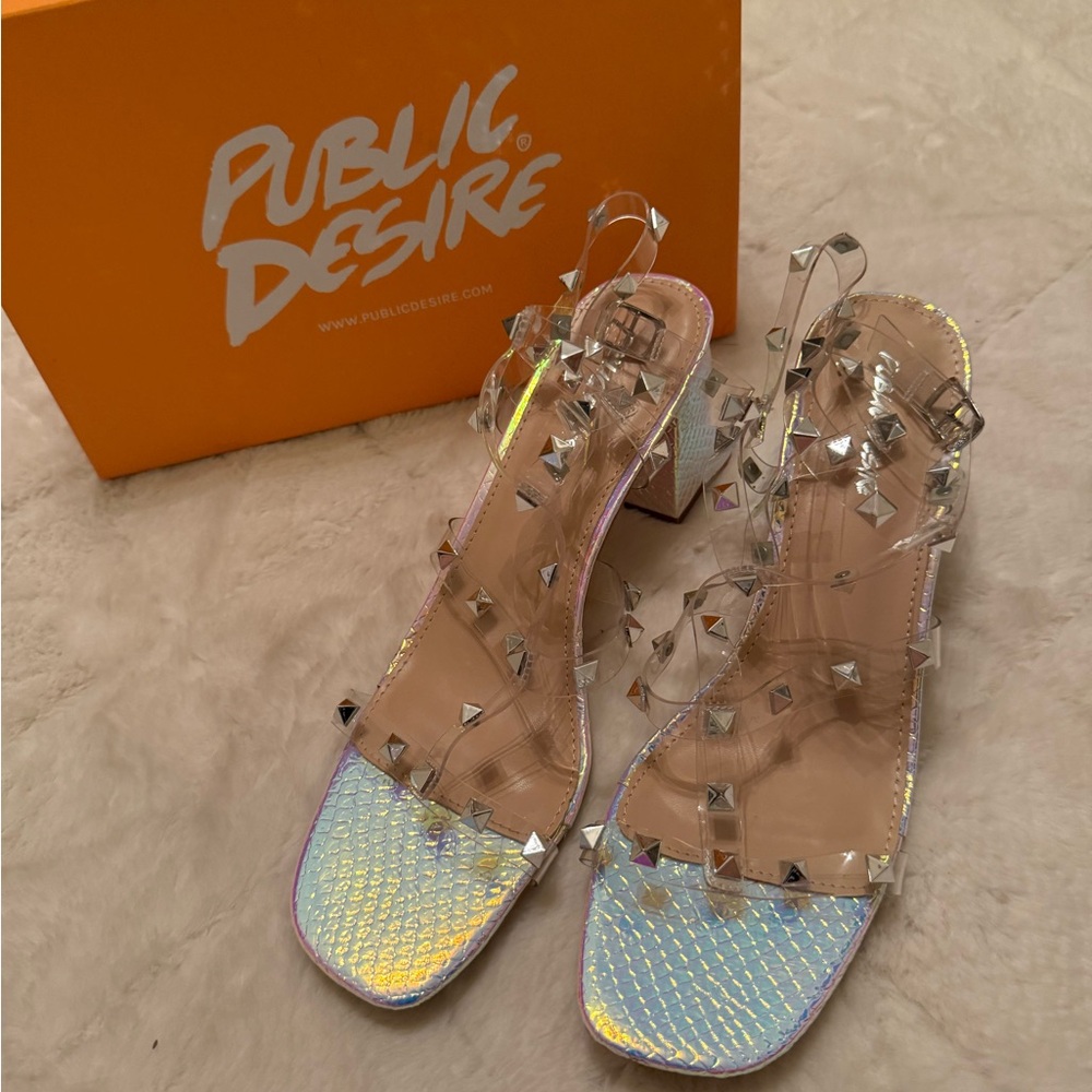 Public Desire Iridescent Heels with Clear Studded Straps